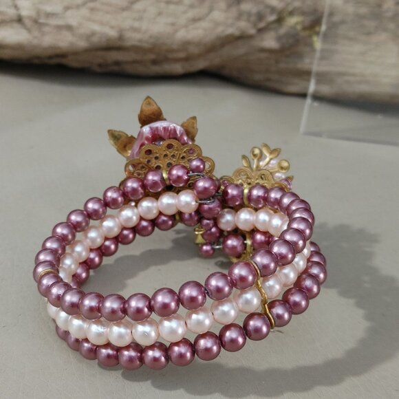 Cuff Beaded Bracelet Vintage Pink Gold Floral Beaded Rhinestones Faux Pearl - Picture 8 of 16